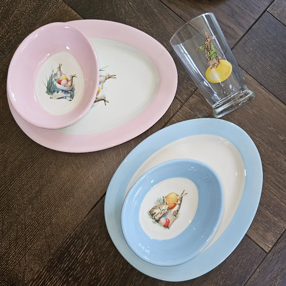 Williams Sonoma Easter Bunny Egg Shaped Plates Ramekins bowls set of 8